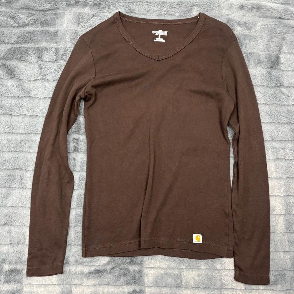 Carhartt Women Brown V-Neck Long Sleeve Cotton T-Shirt Small S 100% Cotton